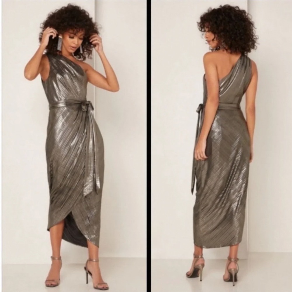 Ted Baker Gabria Gold Metallic One Shoulder Pleated Drape Midi Dress Size 5 NEW